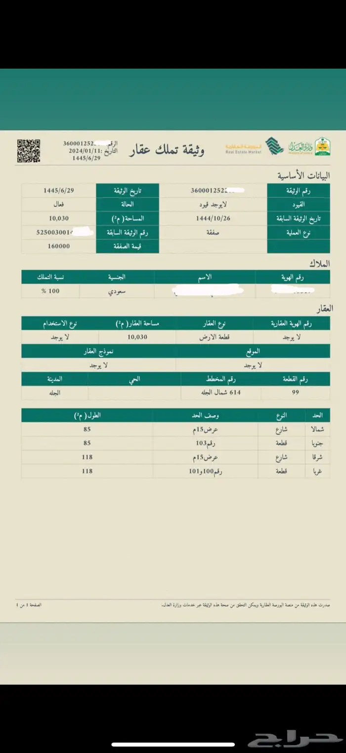 ارض الجله بصك الكتروني مساحة 10 الاف على شارعين 0