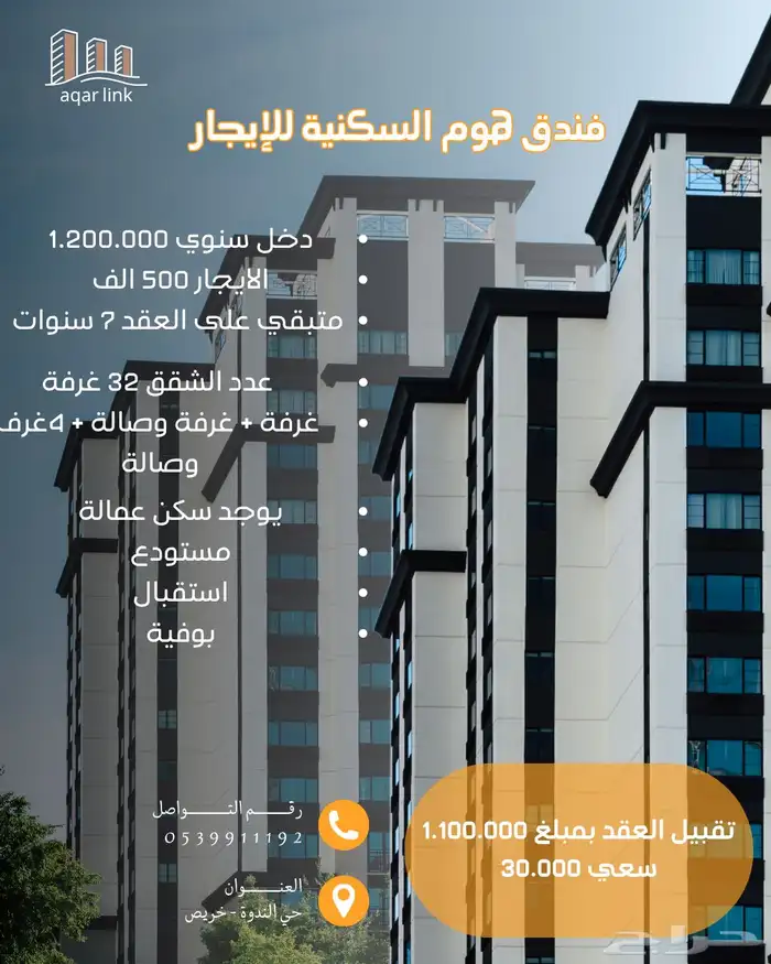 مطلوب مستثمر   لتقبيل فندق مؤجرة دخلها مليون و200 0