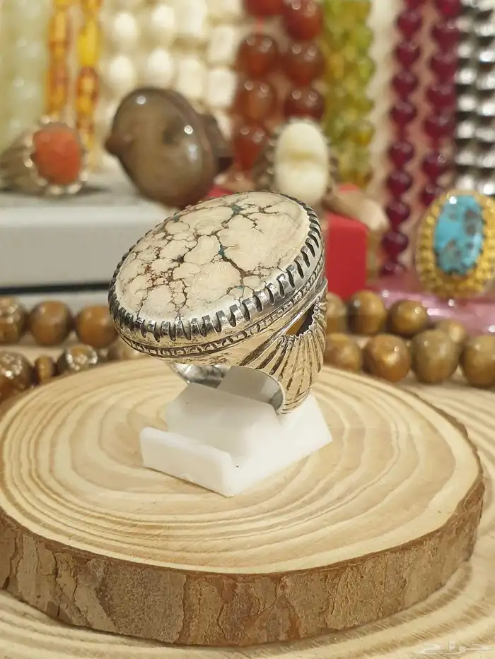 خاتم فيروز ابيض بيجي بعروق شجري فاخر 9