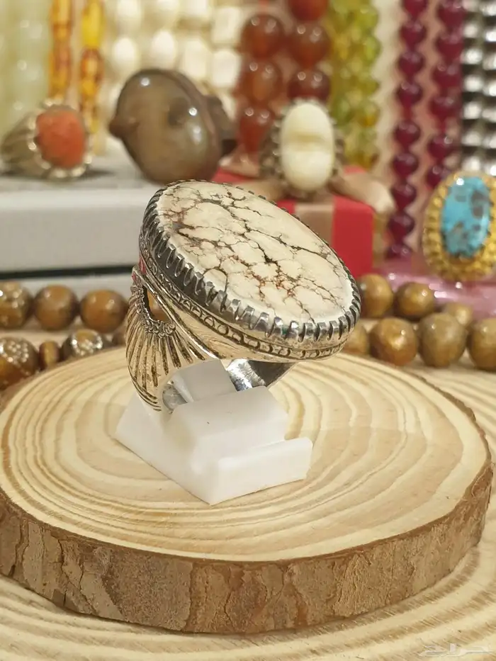 خاتم فيروز ابيض بيجي بعروق شجري فاخر 3