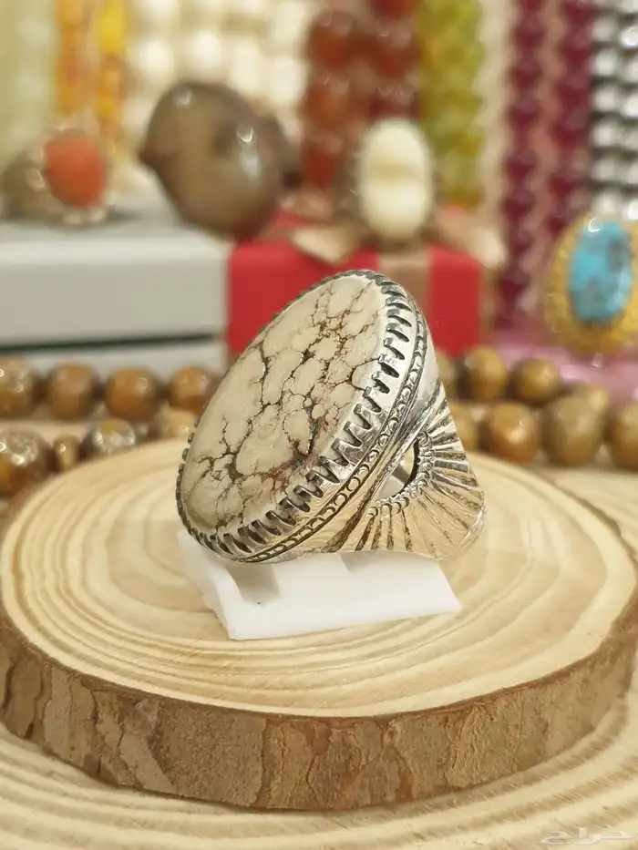 خاتم فيروز ابيض بيجي بعروق شجري فاخر 5