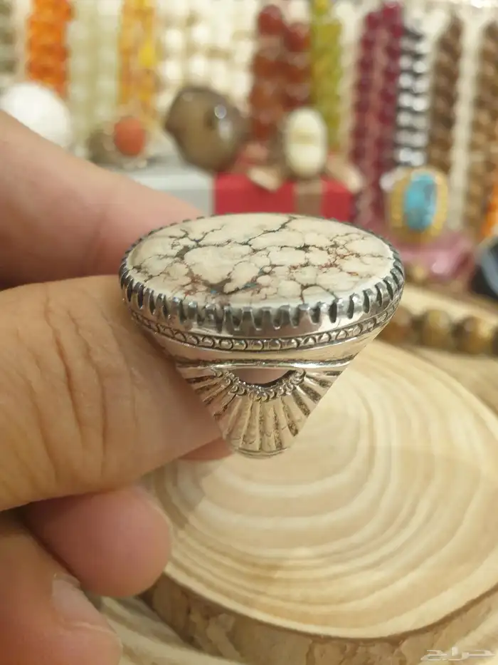 خاتم فيروز ابيض بيجي بعروق شجري فاخر 10