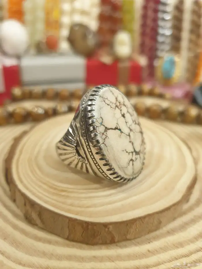 خاتم فيروز ابيض بيجي بعروق شجري فاخر 14