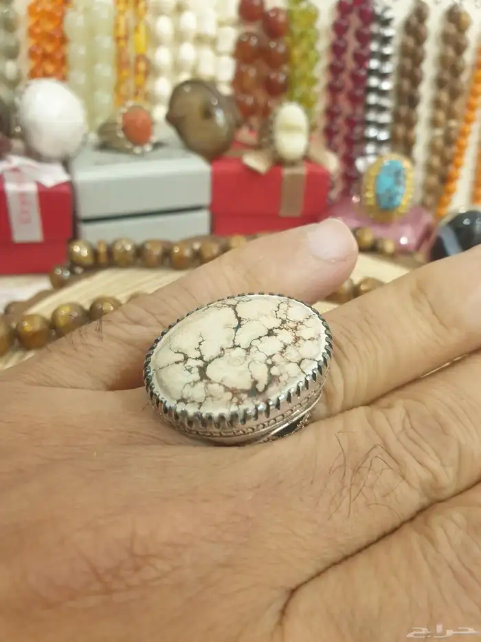 خاتم فيروز ابيض بيجي بعروق شجري فاخر 12