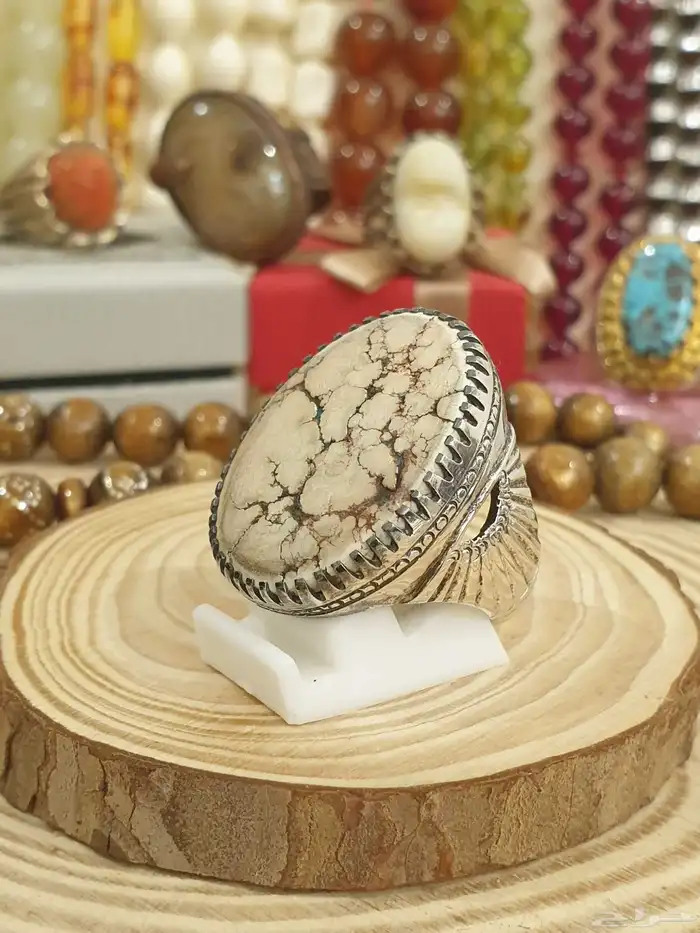 خاتم فيروز ابيض بيجي بعروق شجري فاخر 2