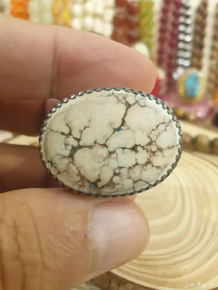 خاتم فيروز ابيض بيجي بعروق شجري فاخر 13