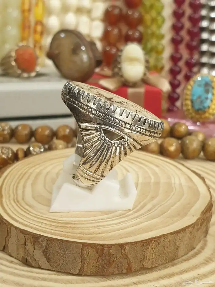 خاتم فيروز ابيض بيجي بعروق شجري فاخر 6