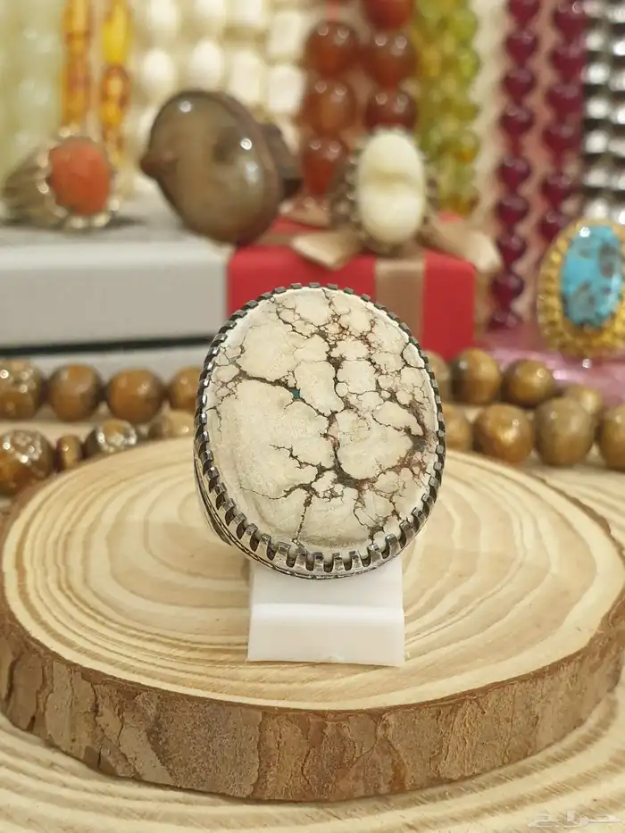 خاتم فيروز ابيض بيجي بعروق شجري فاخر 8