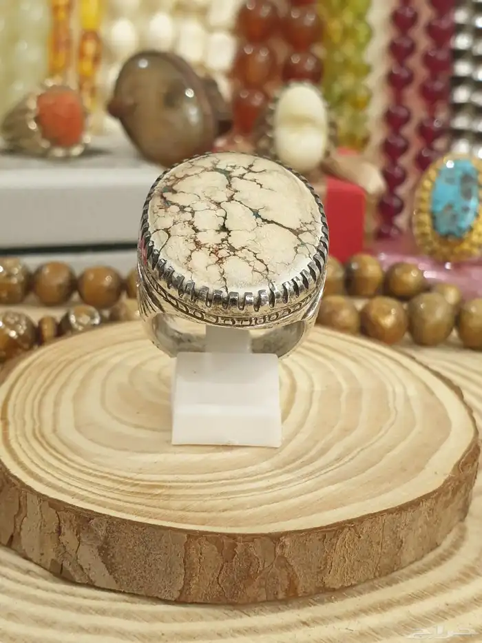 خاتم فيروز ابيض بيجي بعروق شجري فاخر 11