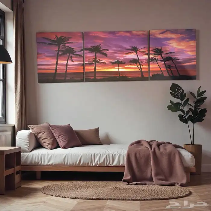 لوحة جدارية ثلاثية   غروب النخيل الاستوائي 0