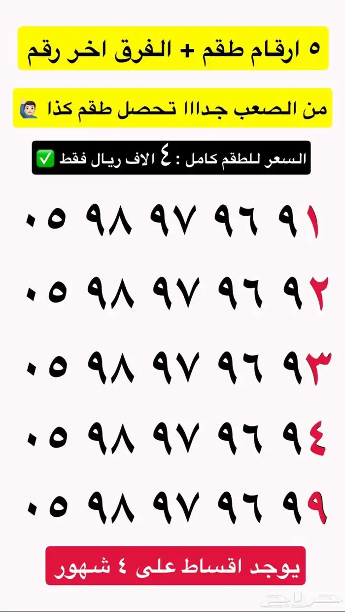 فرصه لاتتكرر ( 5 ارقام متشابهة ينتهي ب اختلاف تسلسل 0