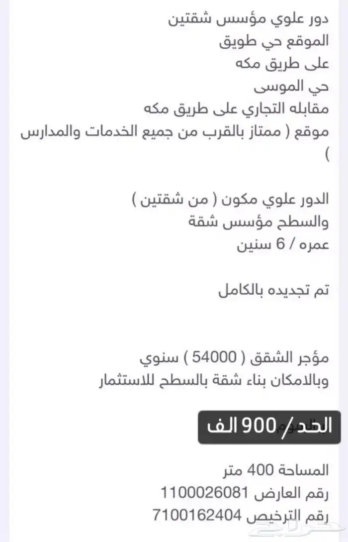 للبيع دور علوي ( شقتين ) ومؤسس شقة 0