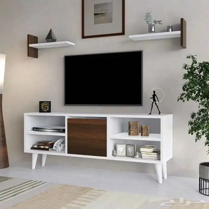 طاولة شاشة بأرفف لون ابيض مع بني 2