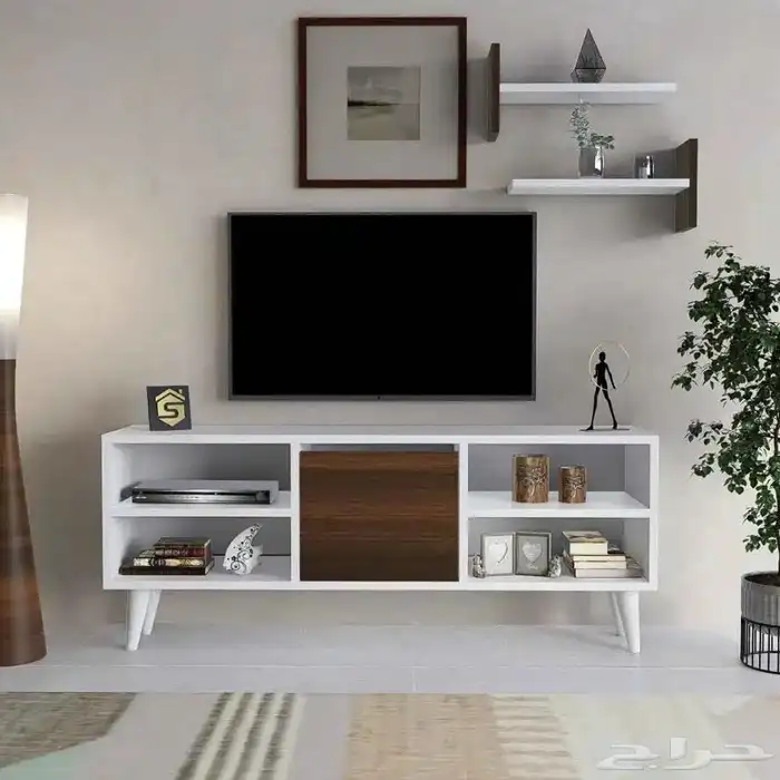 طاولة شاشة بأرفف لون ابيض مع بني 3