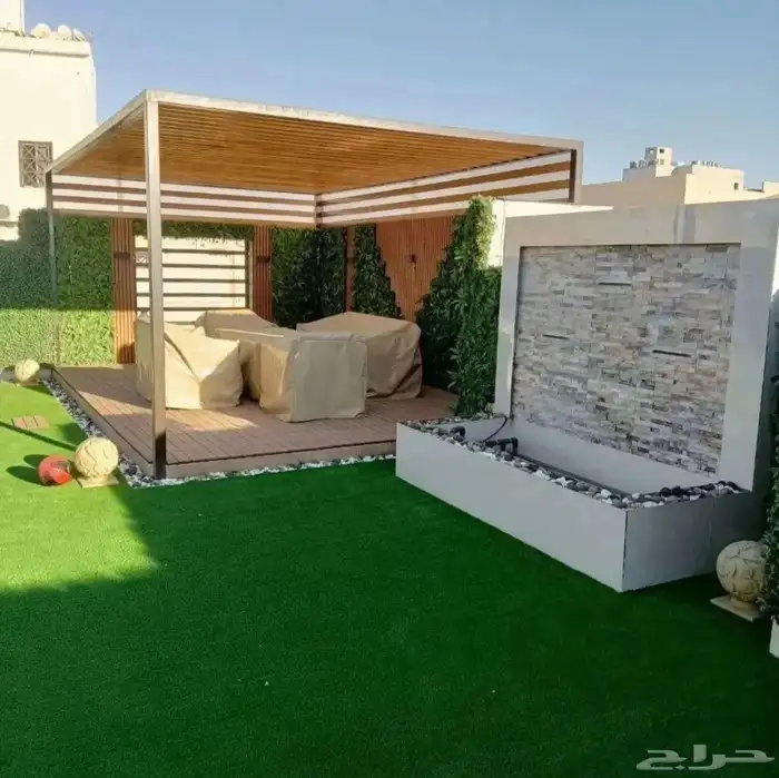 تنسيق حدائق وشلالات نوافير وعشب جداري وعشب ارضي مظلات 0