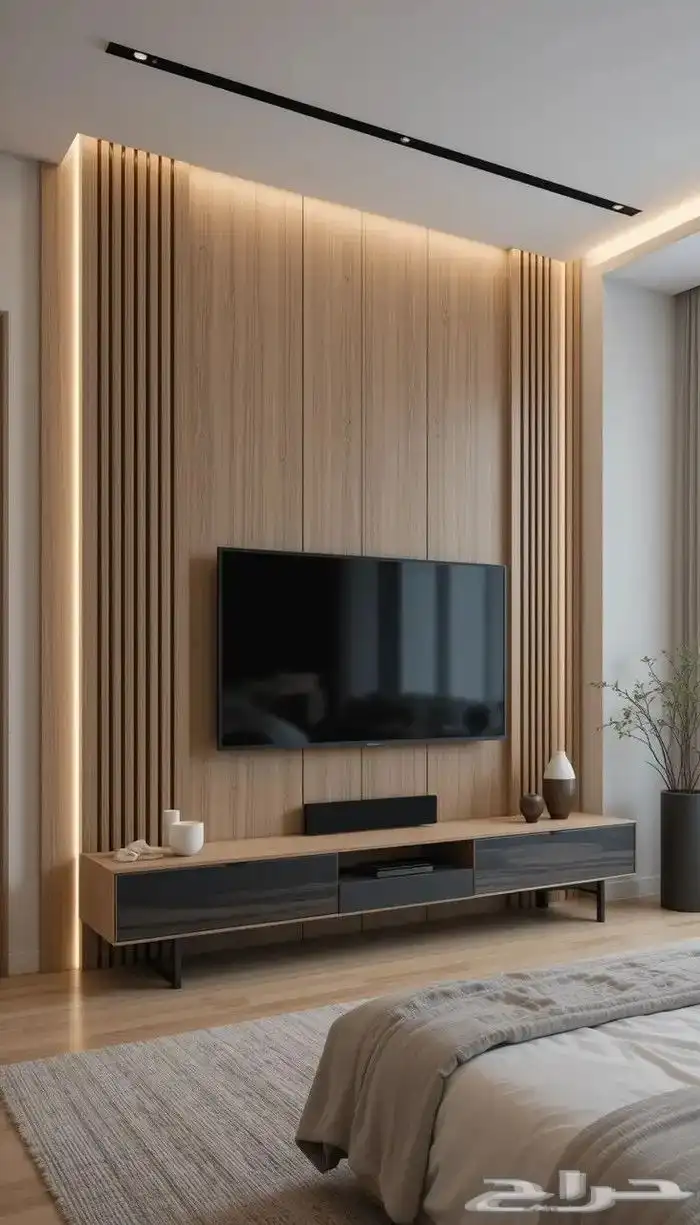 ديكور مكتبة تلفزيون خلفيه شاشه واجهه خشب بديل شيبورد مكتبه 1