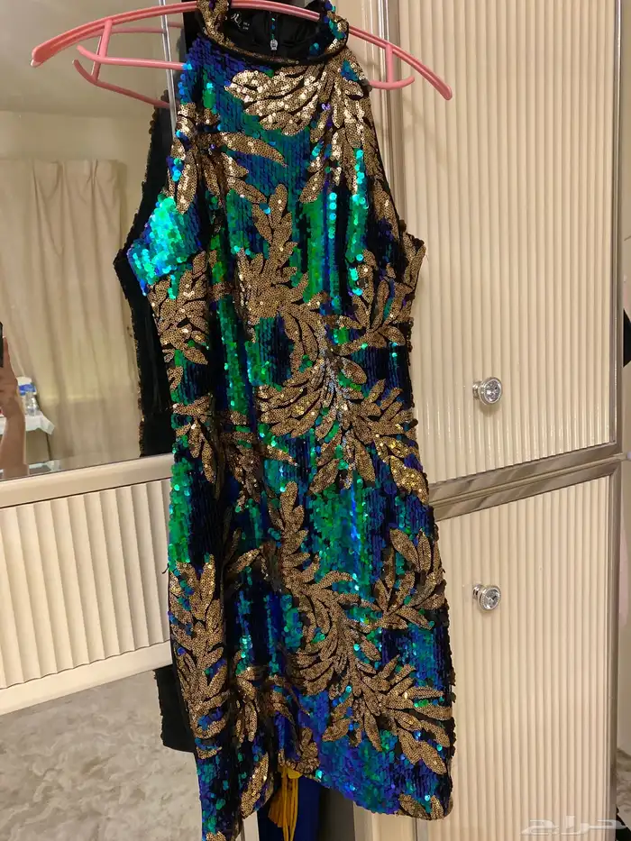 فستان سهره للبيع باللون التركواز والذهبي 0