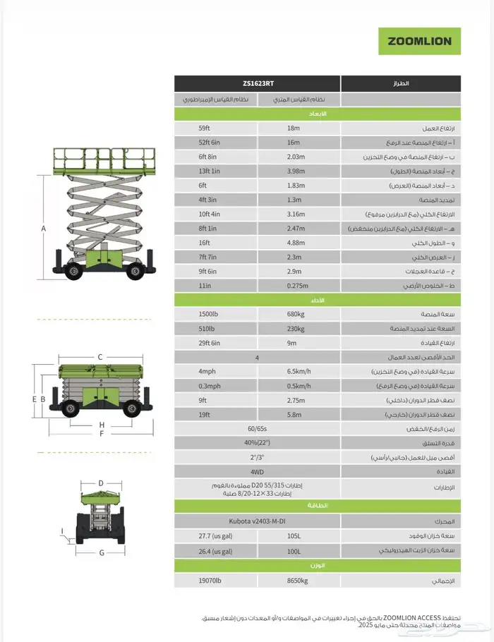 رافعة مقصية سيزرليفت كفرات ديزل ارتفاع عمل 18 متر موديل 2025 1