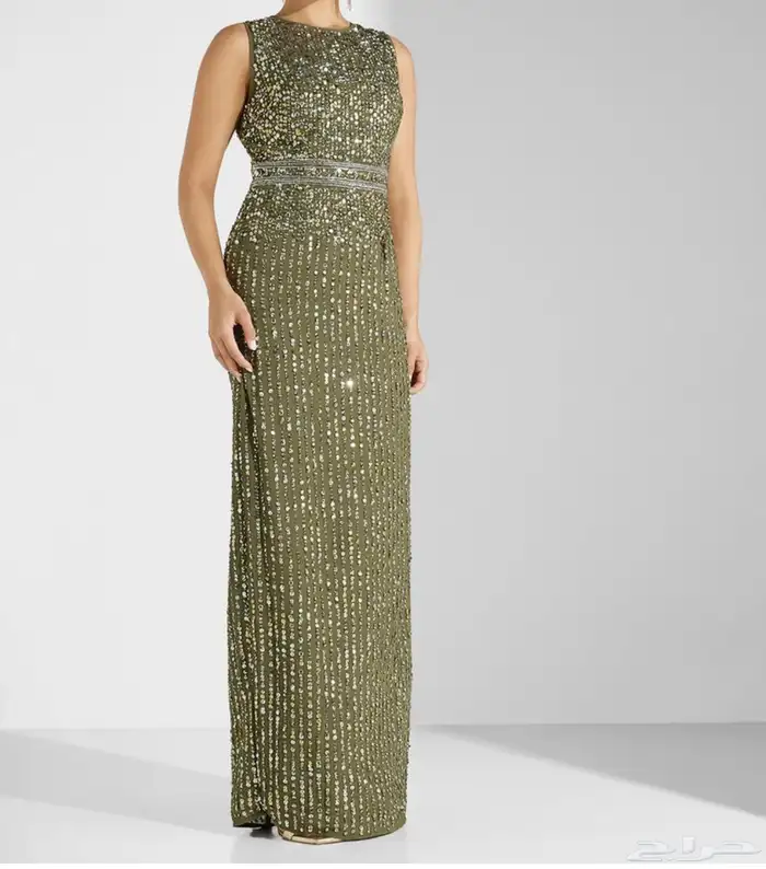 فستان سهرة اللون زيتي ترتر ناعم مقاس 14 0