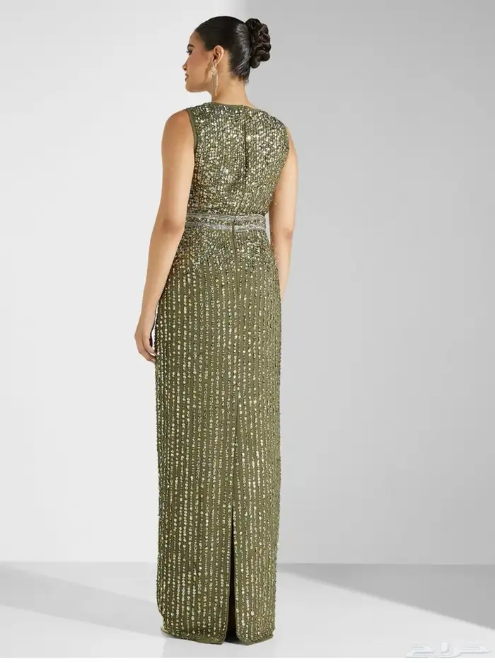 فستان سهرة اللون زيتي ترتر ناعم مقاس 14 1