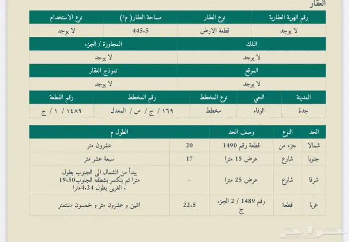 ارض بحي الوفاء شارعين 25 15 1