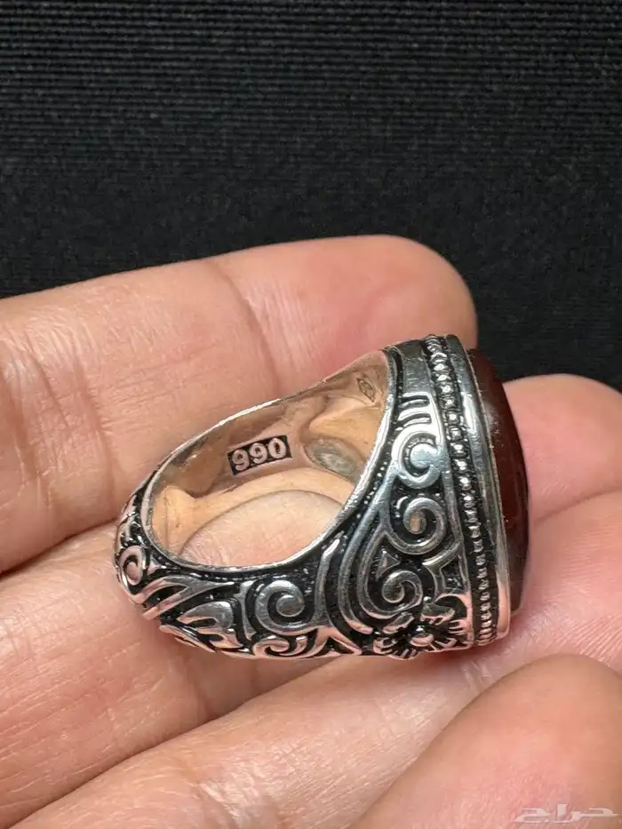 خاتم فضة عيار 990 صياغة عارف عقيق يماني احمر زجاجي مزعفر 11