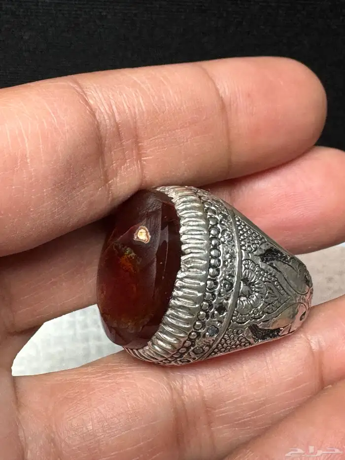 عقيق يماني كرزي مصور فاير ذهبي صياغة ايراني مبطن ثقيل 5