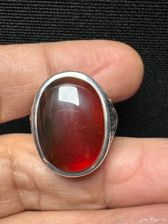 خاتم فضة عيار 990 صياغة عارف عقيق يماني احمر زجاجي مزعفر 2