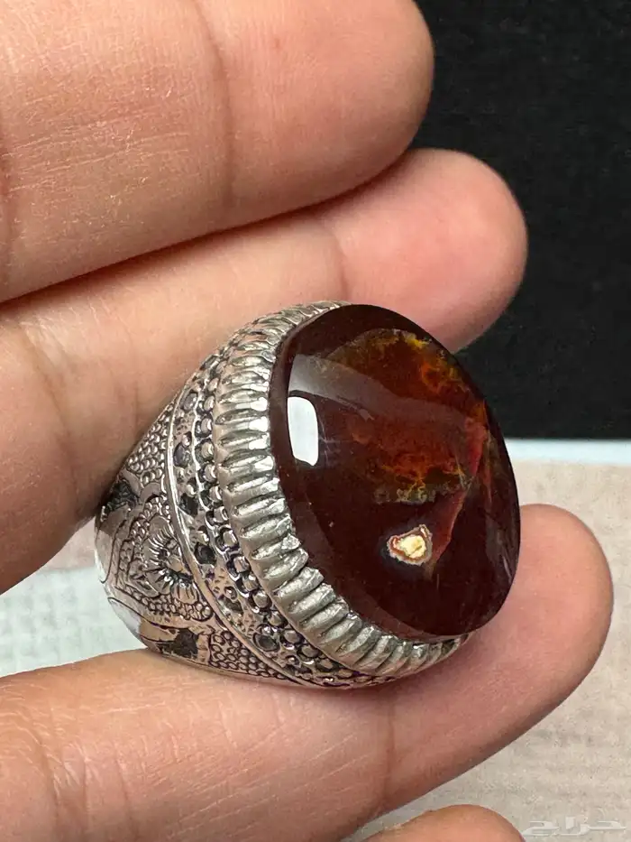 عقيق يماني كرزي مصور فاير ذهبي صياغة ايراني مبطن ثقيل 7