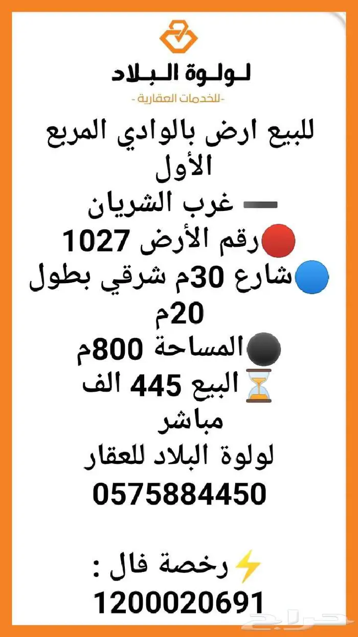 تفاصيل الاعلان بالصوره للبيع ارض علي شارع 30م حي الوادي 0