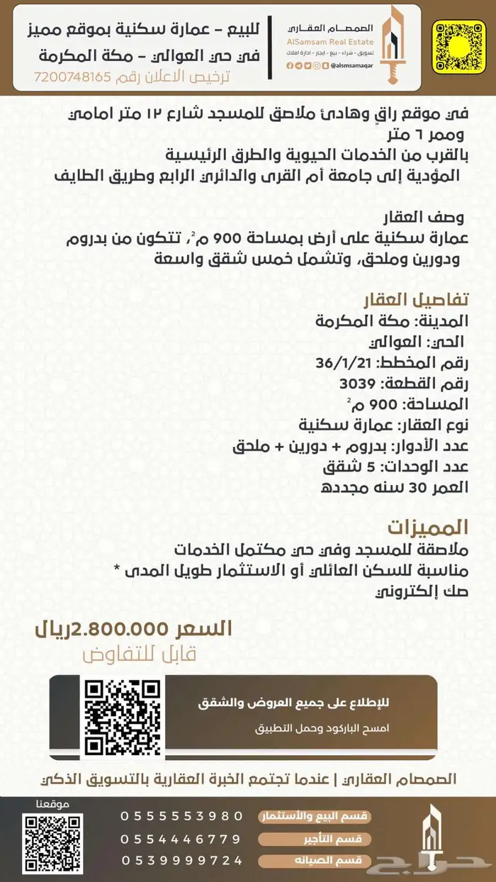 للبيع عمارة سكنية بموقع مميز في حي العوالي مكة المكرمة 1