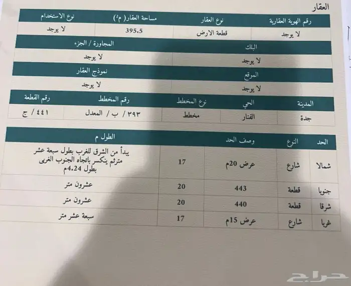 ارض للبيع مساحه 400 متر جده الفنار 0