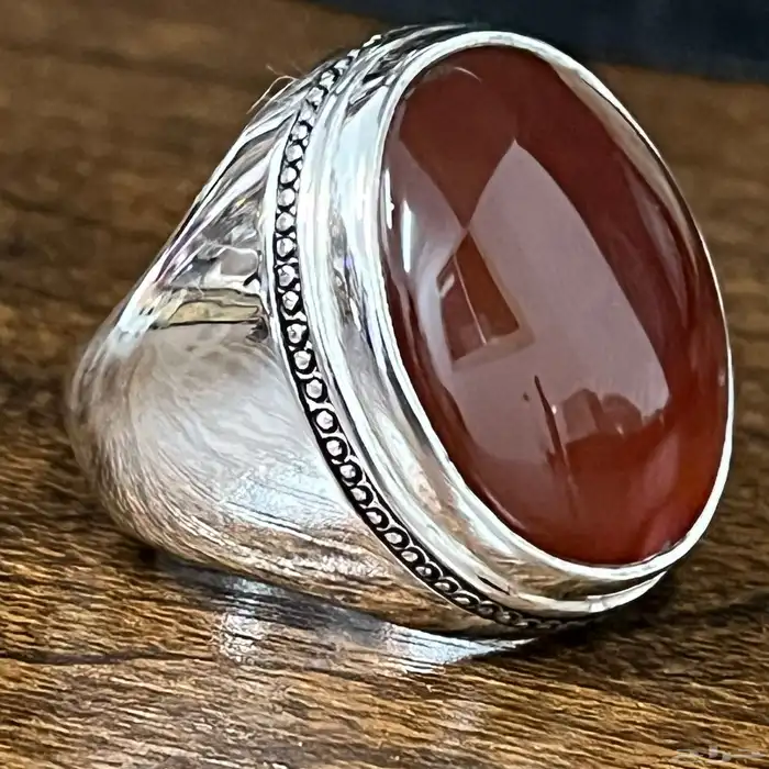 خاتم فضة بحجر عقيق كبدي طبيعي عيار 950 0