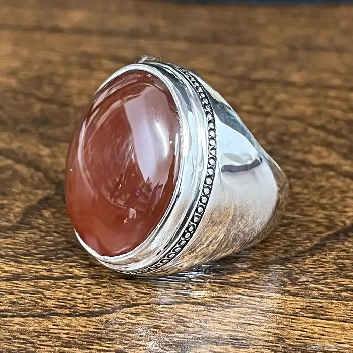 خاتم فضة بحجر عقيق كبدي طبيعي عيار 950 2