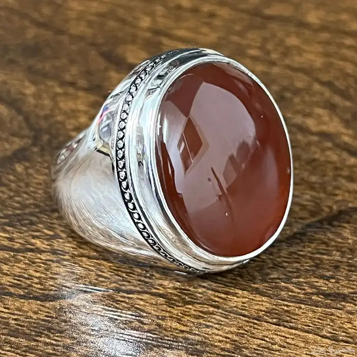 خاتم فضة بحجر عقيق كبدي طبيعي عيار 950 1