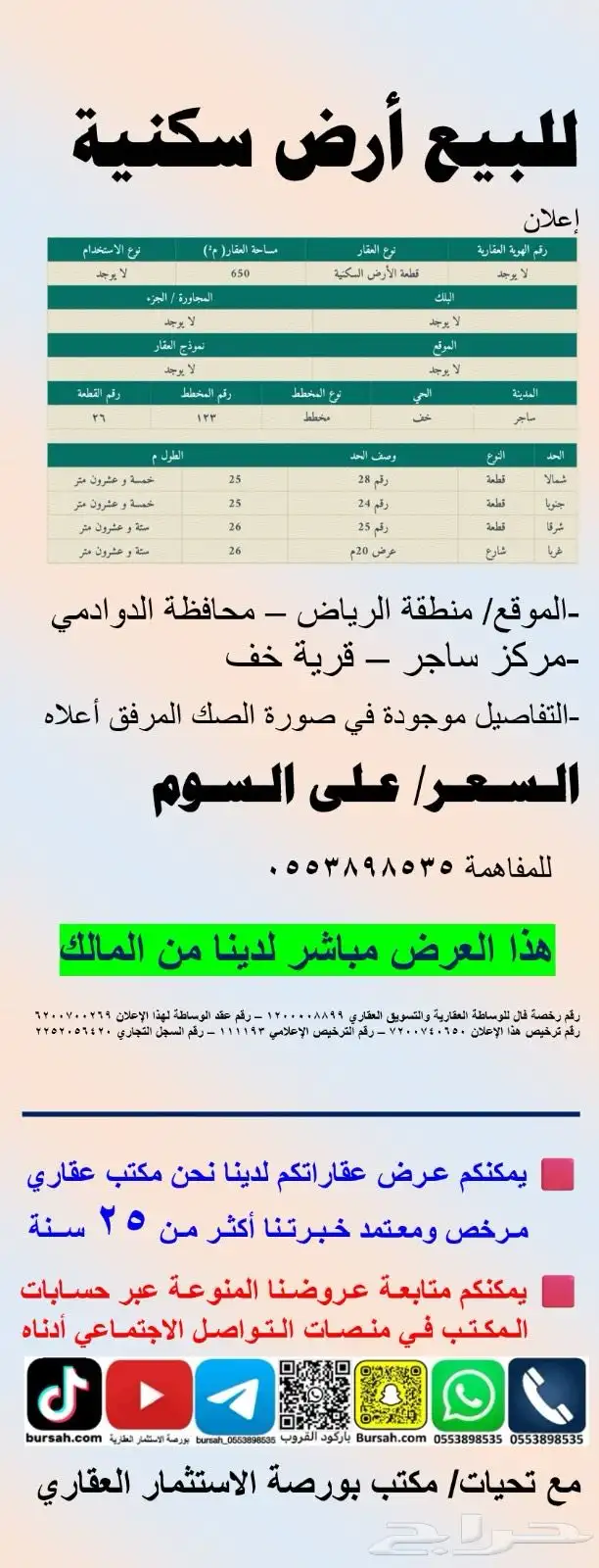 للبيع ارض سكنية في منطقة الرياض محافظة الدوادمي قرية خف 0