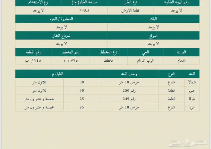 ارض للبيع بمخطط الانوار بالدمام مساحة 744 متر 0