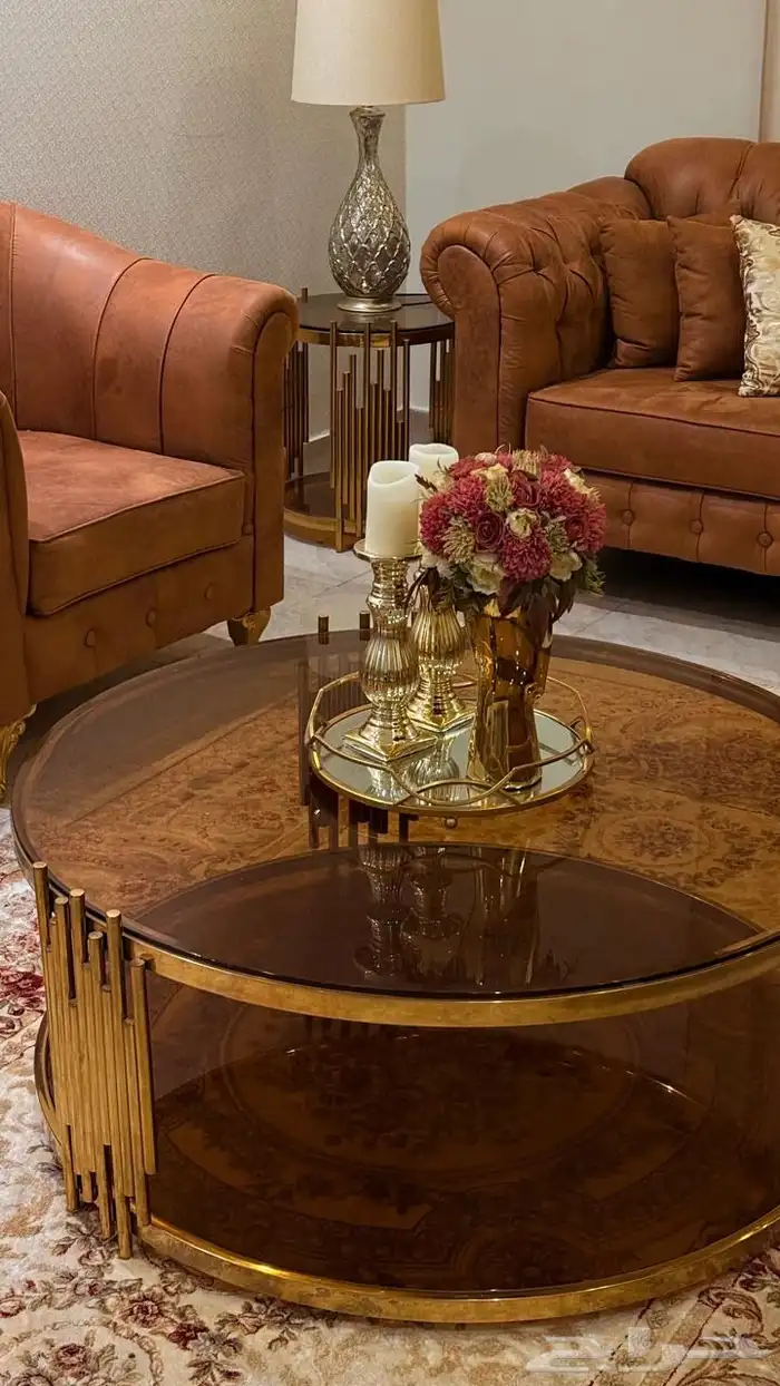 طقم طاولات حديد ذهبي مع زجاج بني 0