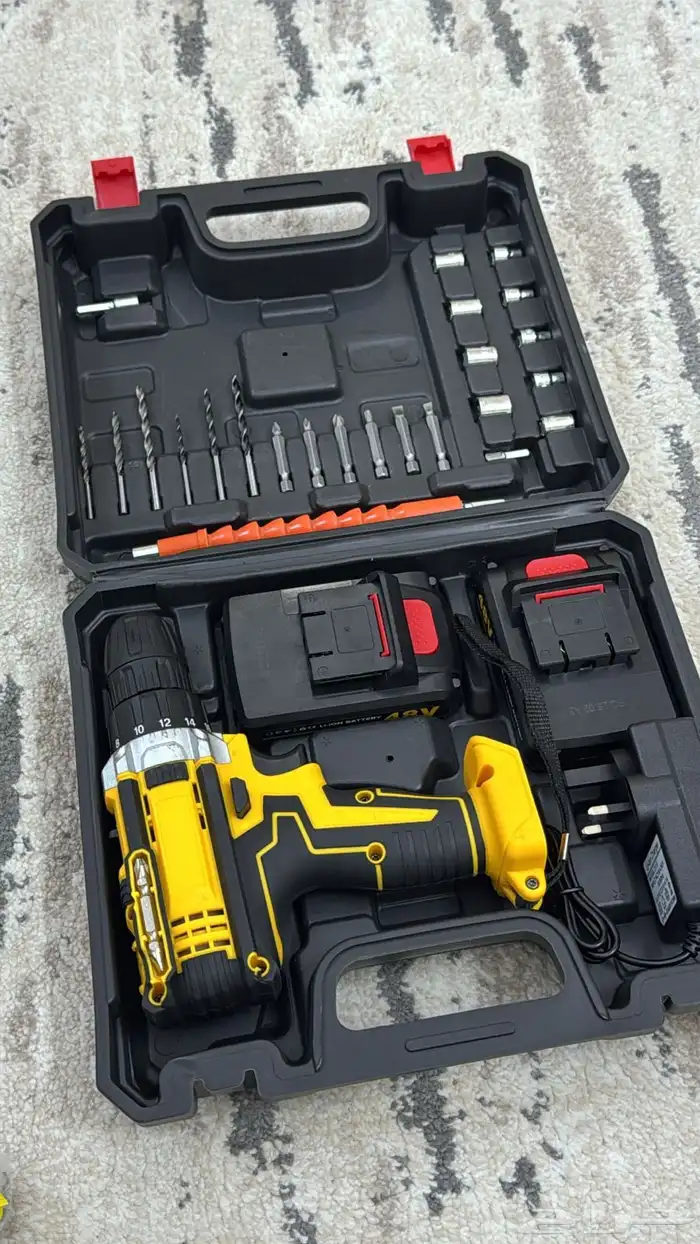 طقم مثقاب كهربائي لاسلكي 48 فولت مع بطاريتين وملحقات - أصفر 0