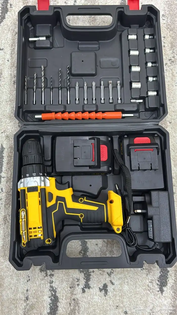 طقم مثقاب كهربائي لاسلكي 48 فولت مع بطاريتين وملحقات - أصفر 1