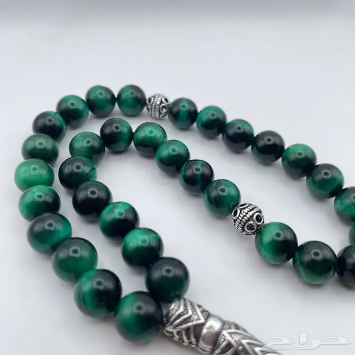 سبحة مميزة من التايجر الاخضر مطعمة فضة 2