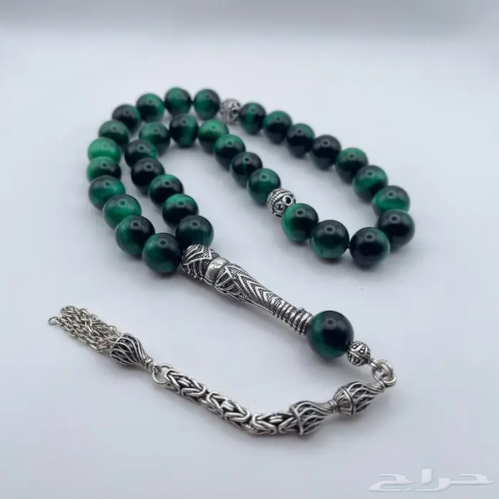 سبحة مميزة من التايجر الاخضر مطعمة فضة 0