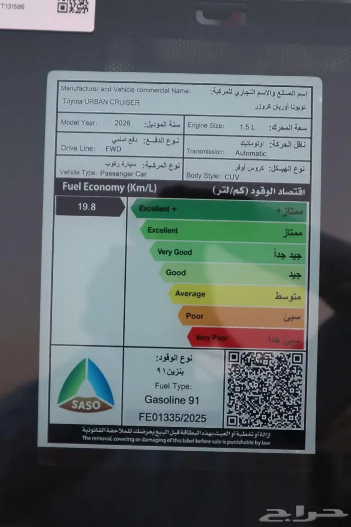 تويوتا اوربان كروزر فل واستاندر 2026 نسبة هامش ربح 1.40 18