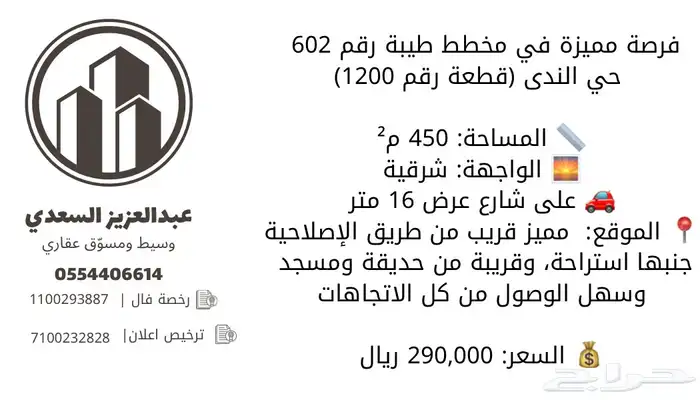 أرض مساحة (450م) بمخطط طيبه الفرعية 602 2