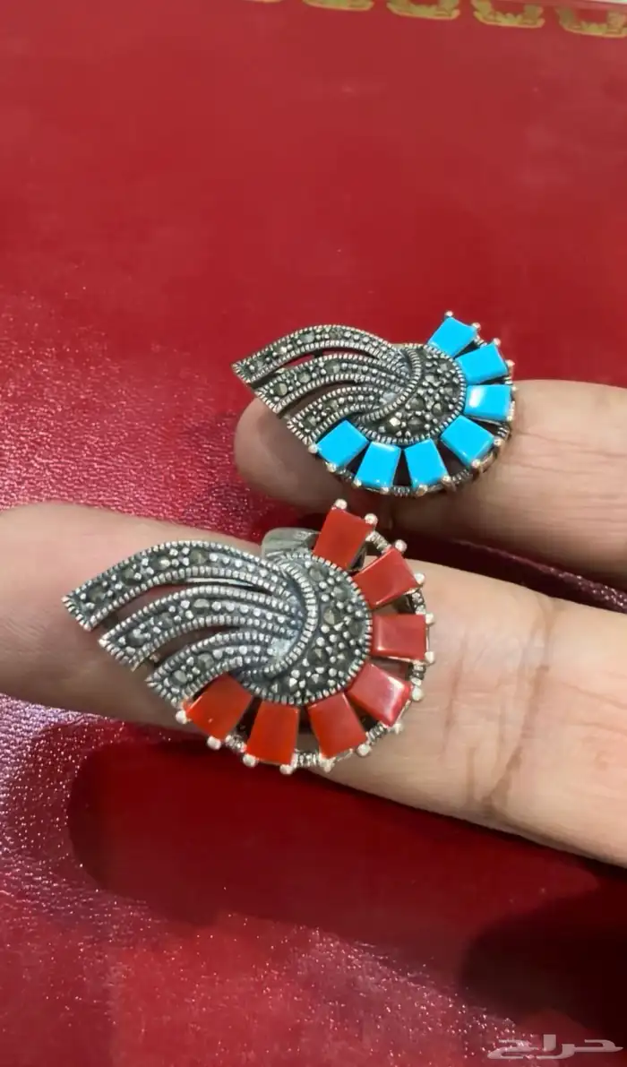 خاتم فضة نسائي إيطالي عيار 925 مرصع بفصوص فيروزي ومرجاني 0