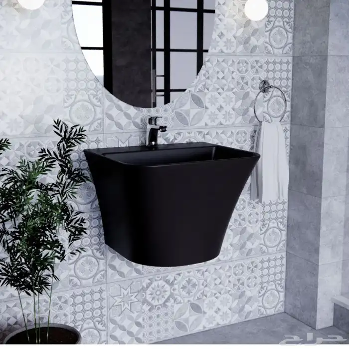 مغسلة حمام اسود الخزف السعودي جديده   خلاط اسود 0