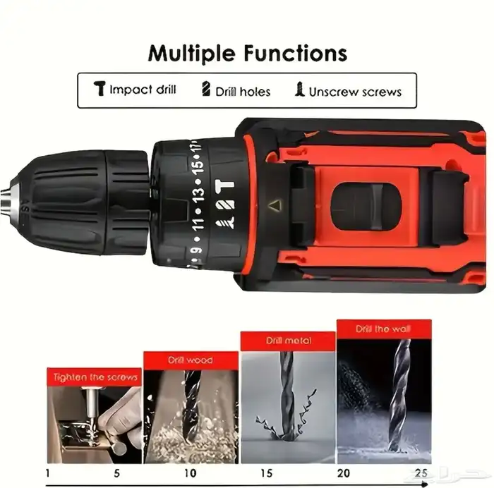 دريل كهربائي لا سلكي 18v مع بطاريتين ليثيوم بهيكل معدني قوي 8
