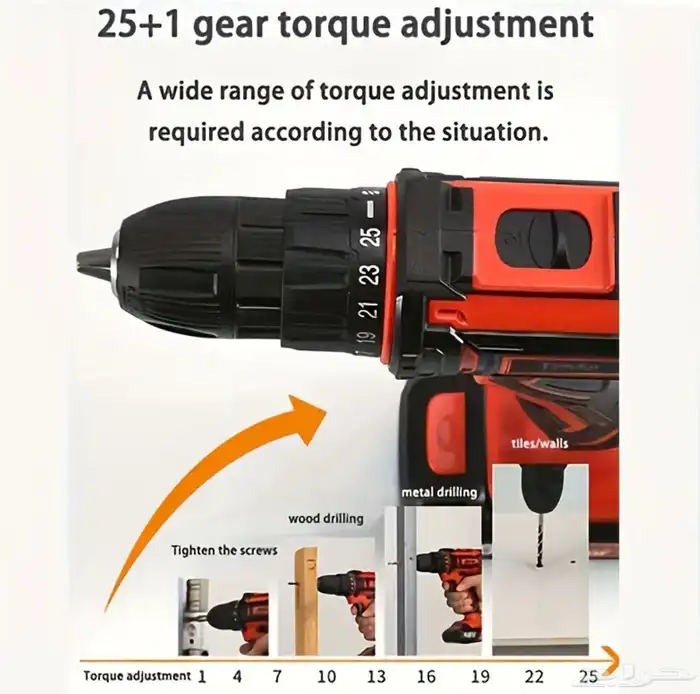 دريل كهربائي لا سلكي 18v مع بطاريتين ليثيوم بهيكل معدني قوي 6