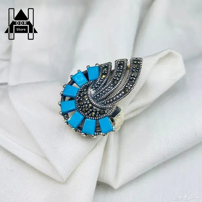 خاتم فضة نسائي إيطالي عيار 925 مرصع بفصوص فيروزي ومرجاني 2