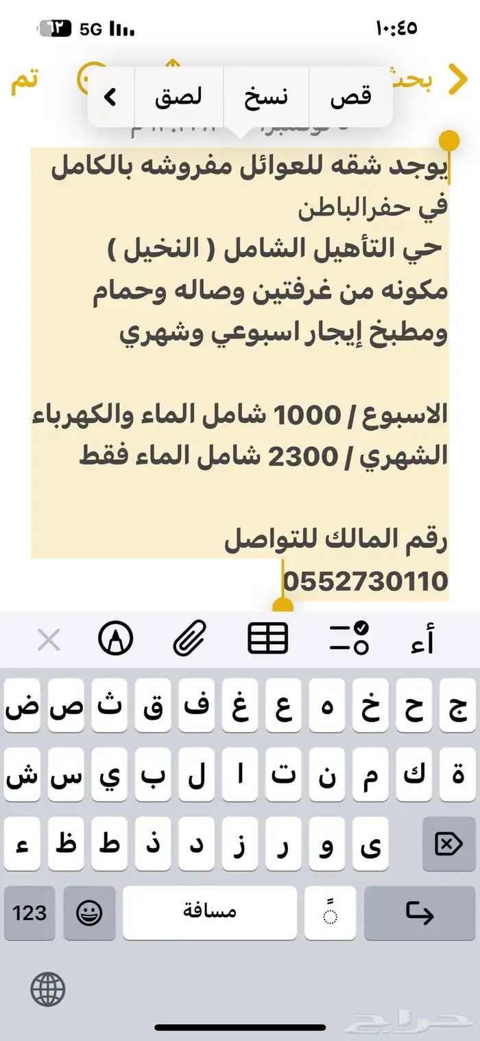 شقه مفروشه للعوايل في حفر الباطن حي النخيل 9